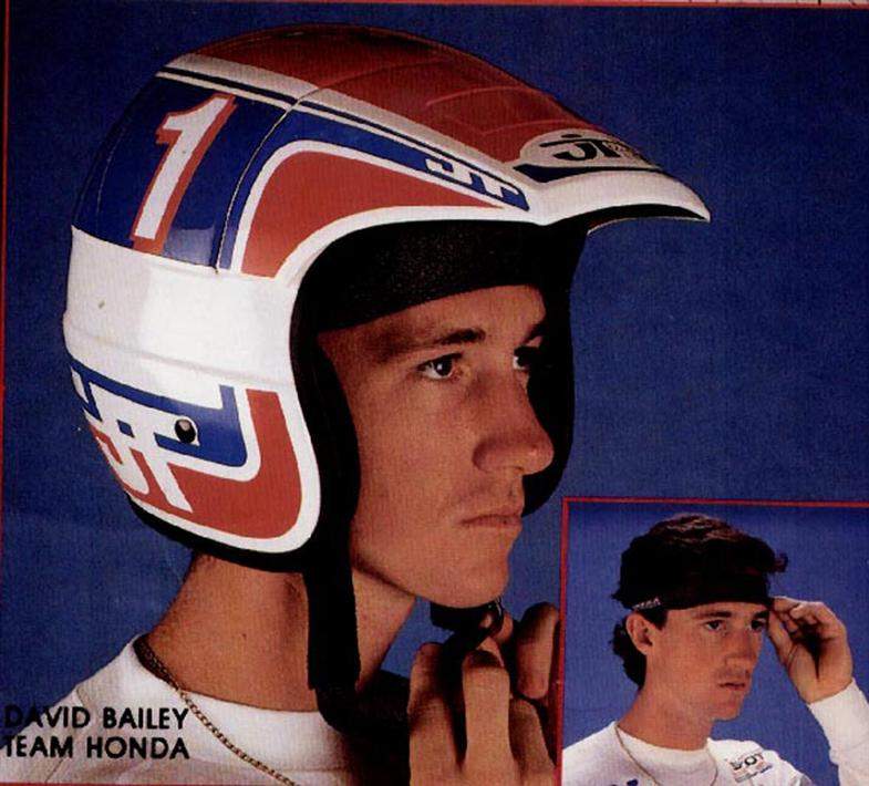 JT Helmet. It's hard to look at this photo without laughing. I used to love going down to JT and working with them on what I wanted to wear. The year I signed, all the Honda gear was red, and I asked if they could swap all the red out and use blue. They showed up at a Golden State race that weekend with blue pants and everyone dug 'em. Then I took a chance on the bright orange, and that was a hit too. This headband and the repeating 