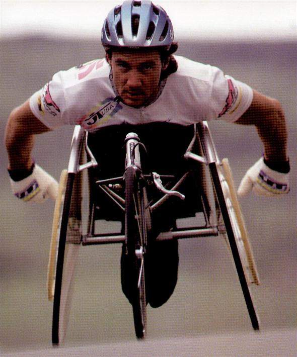 Race chair. This photo was taken for a story in Moto Verte by Marc Blanchard of One Industries in the old JT parking lot. That year I had a few top finishes in the biggest chair races in the world - the L.A. Marathon (8th), Boston (7th), and Sydney, Australia (10th), and I was finally digging out of a funk and feeling somewhat strong and capable again. Not long after that photo was taken, I got a call from ESPN....