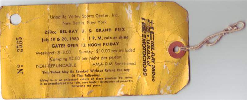 David Kindness sent us this nostalgic picture of his ticket stub from the 1980 Unadilla USGP. He was prompted by the Steve Wise #44 trivia question. 