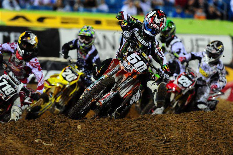 Wil Hahn (50) won his heat race, and then backed that up with the holeshot in the main.