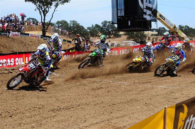 Justin Barcia (151) got the holeshot at the start of the first 250cc moto and led nearly the whole thing, eventually finishing second to Christophe Pourcel (377).