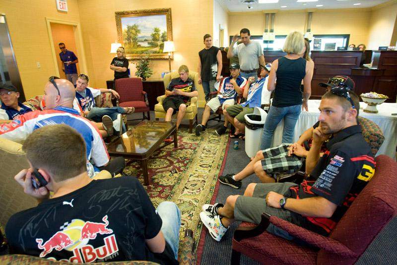 The riders were relaxing in the bank before signing autographs outside.