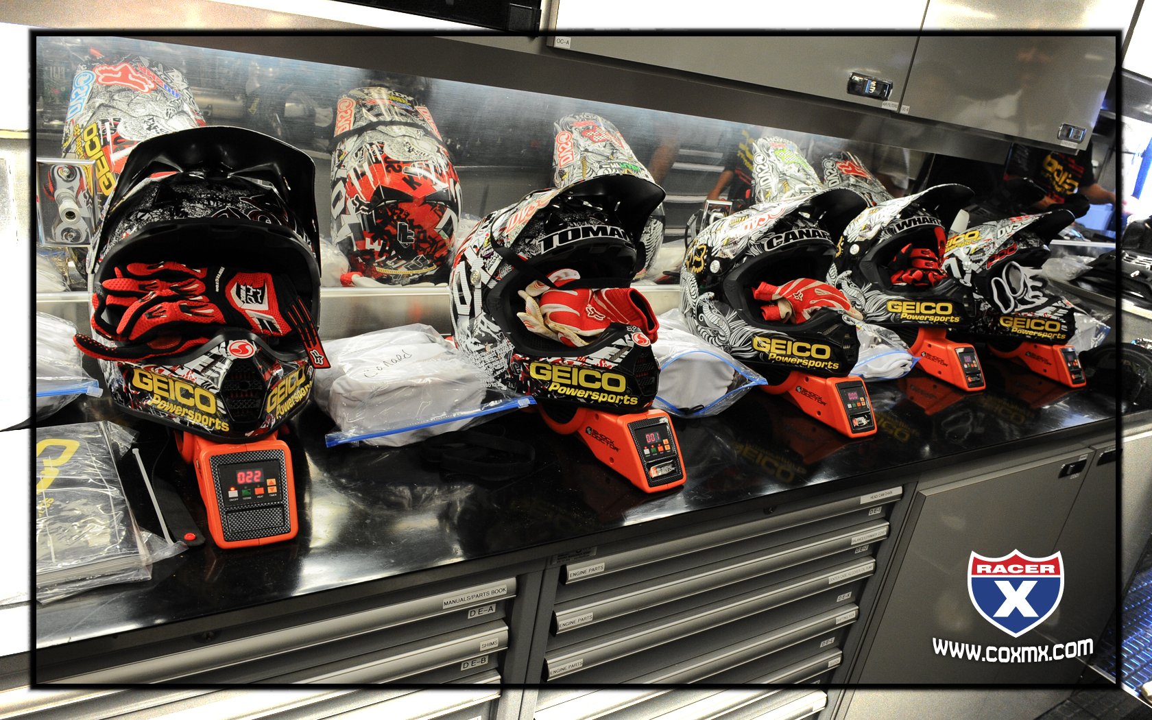 The Fox helmets of the GEICO Powersports Honda team await action.