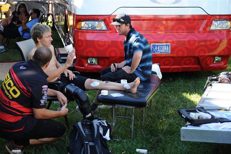 Barcia gets some TLC with Beeker (right) and LaRocco (foreground).