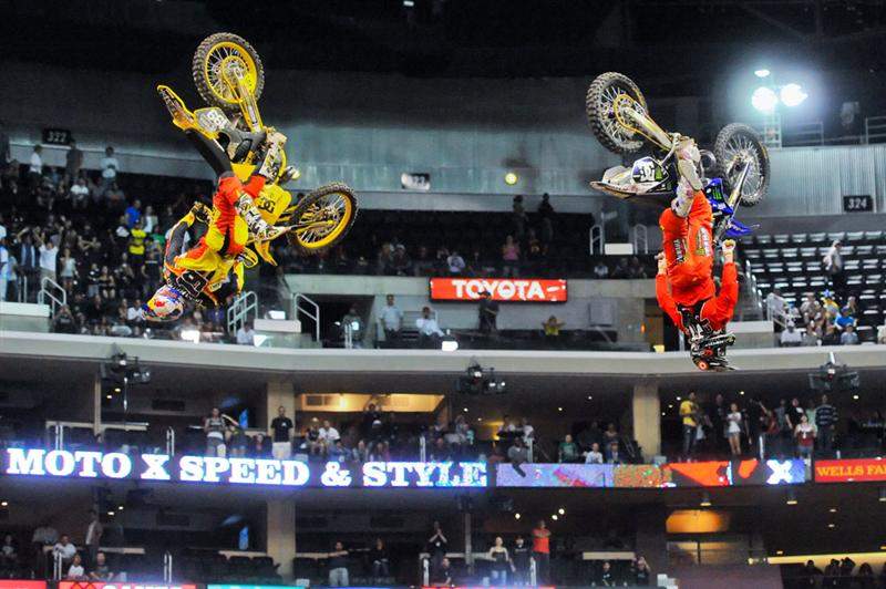 After winning the gold over Nate Adams (right), Pastrana (left) and Adams took flight for synchronized nac-nac backflips.