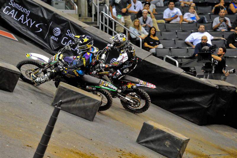The first race for Stenberg pitted him against Mulisha buddy Brian Deegan (outside). Stenberg won.