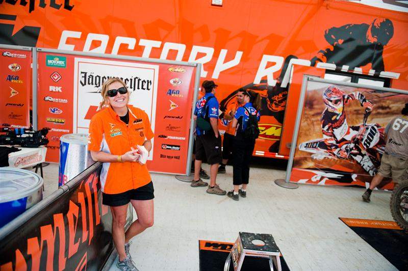 Christy LaCurelle from KTM hanging out in the orange pits.
