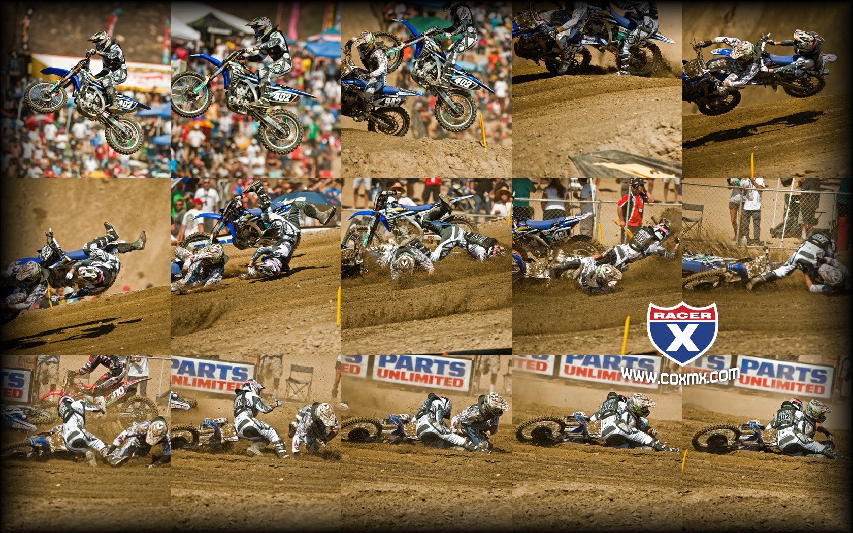 Josh LaJiness lands on Gareth Swanepoel at the start of the first 250cc moto over the track's biggest double.