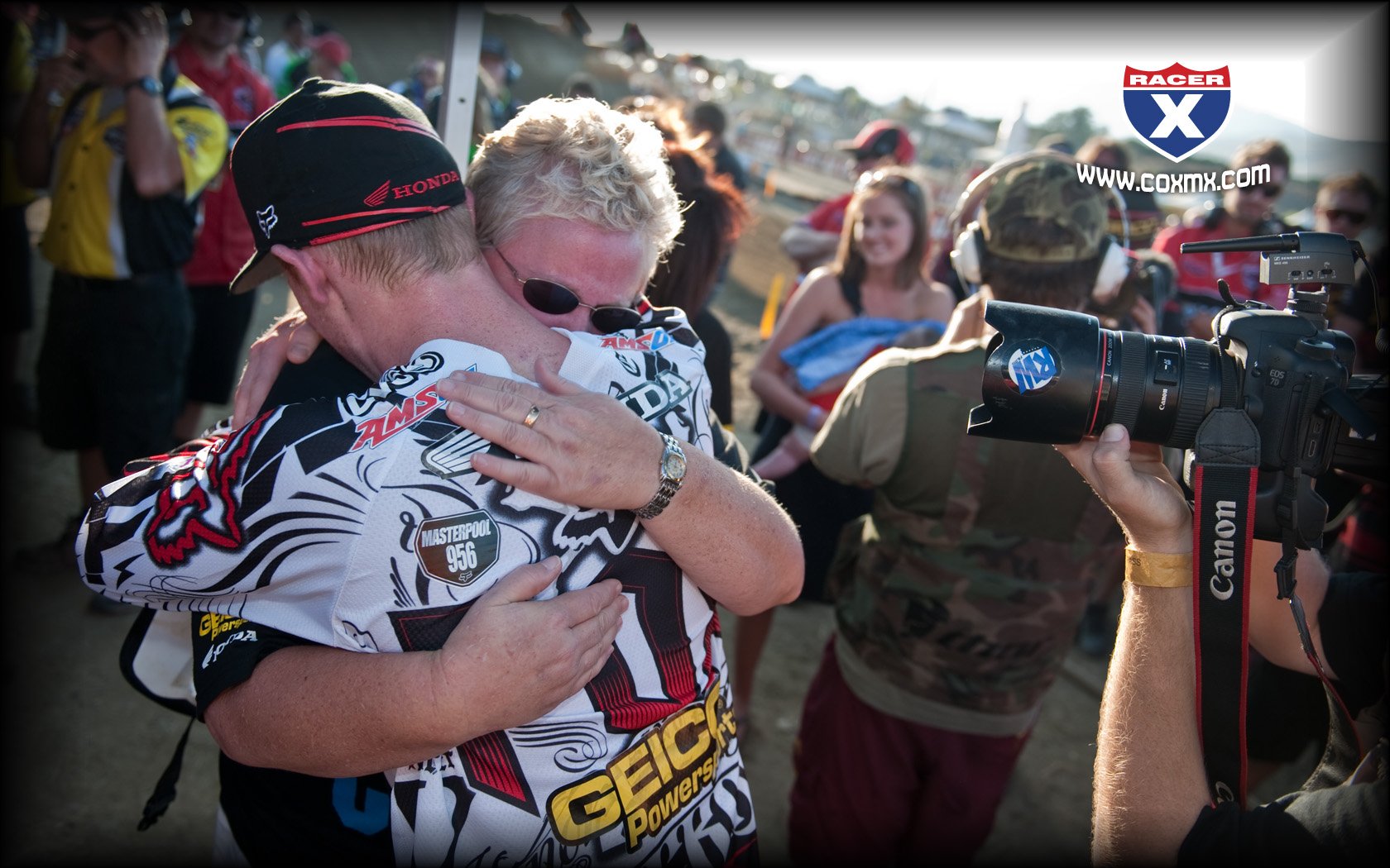 Trey Canard and his mom share a moment after he clinches the 250cc title.