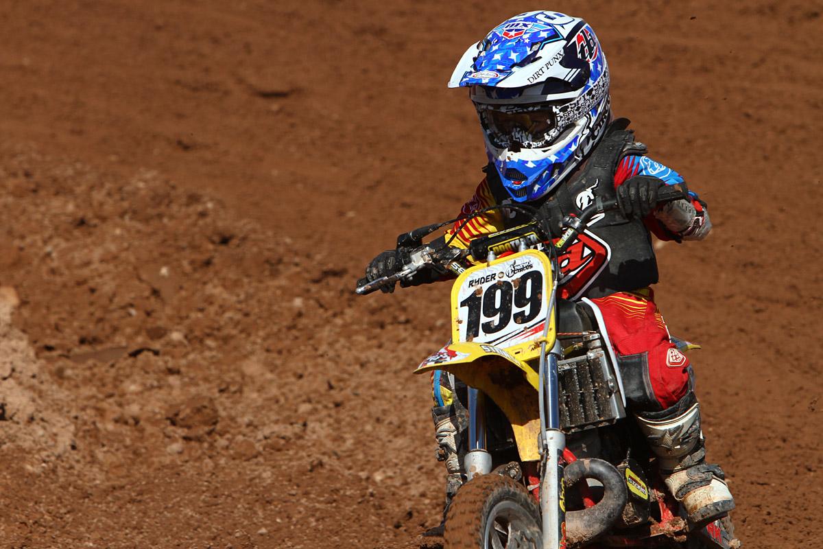 Did someone shrink Travis Pastrana? Nope, that's Ryder Di Francesco of Bakersifield, CA, who took home a pair of third place finishes in the 50 Pee Wee Stk. thru 6 and 50 Pee Wee Mod. thru 6 classes