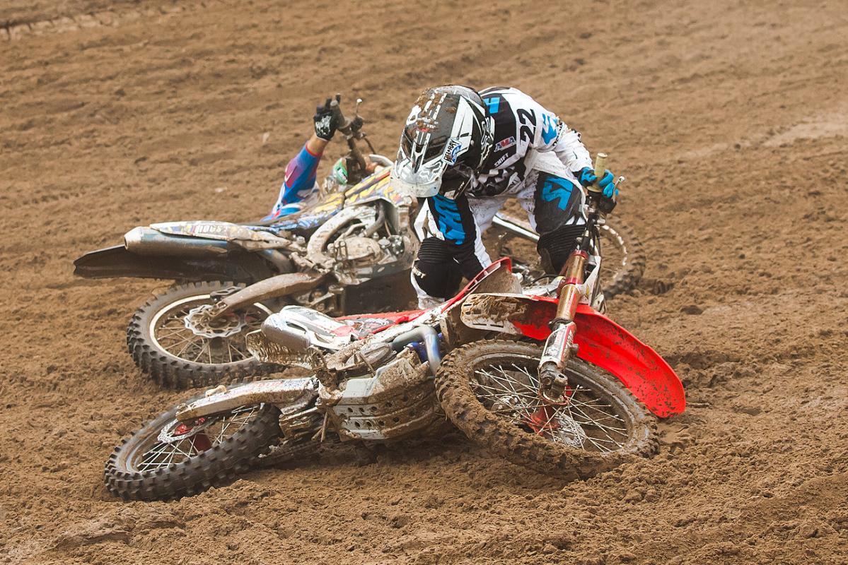 Reed had his fair share of troubles at Southwick, including this first turn crash in the second moto.