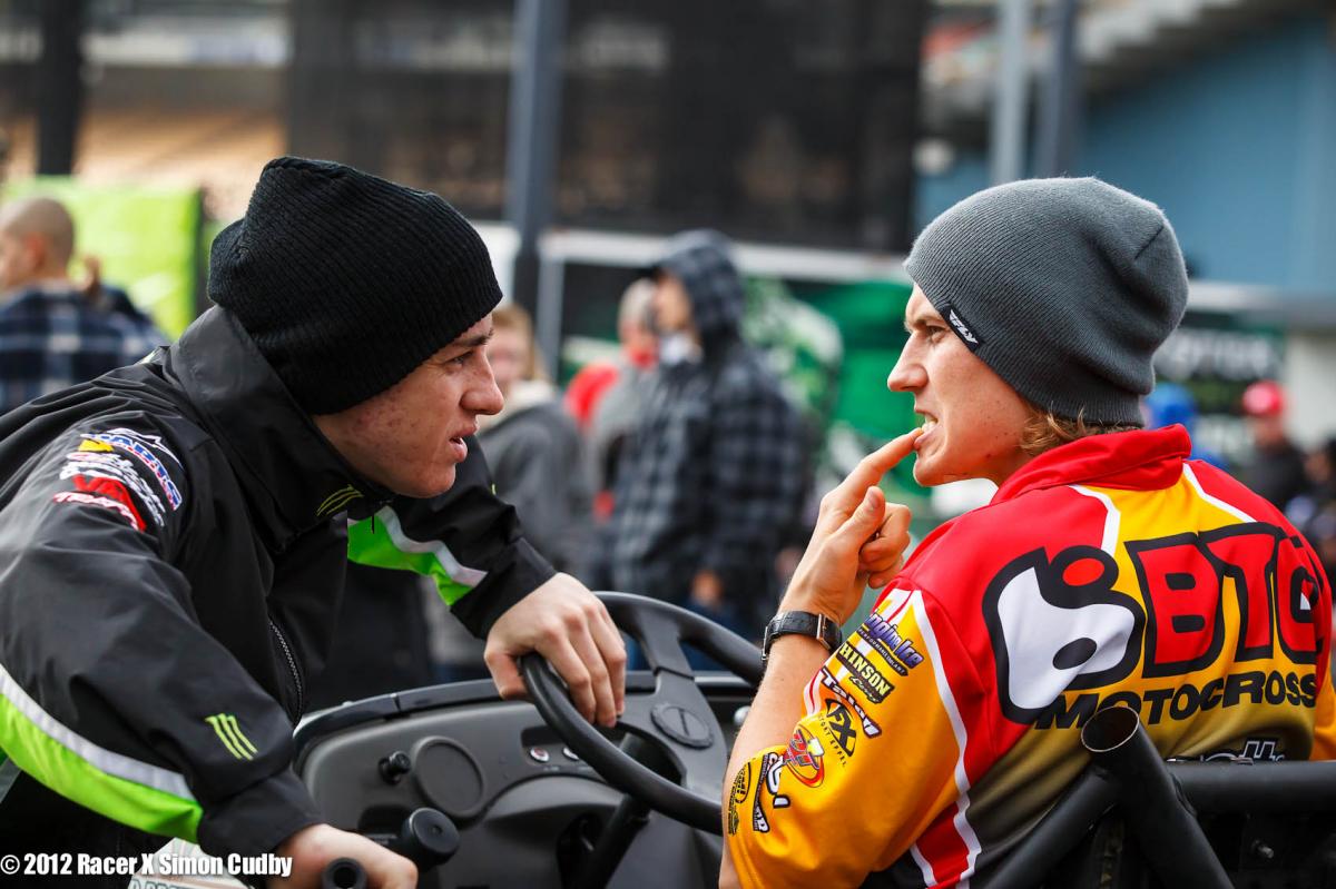 Jimmy Albertson showing Dean Wilson how many teeth he lost last week.
