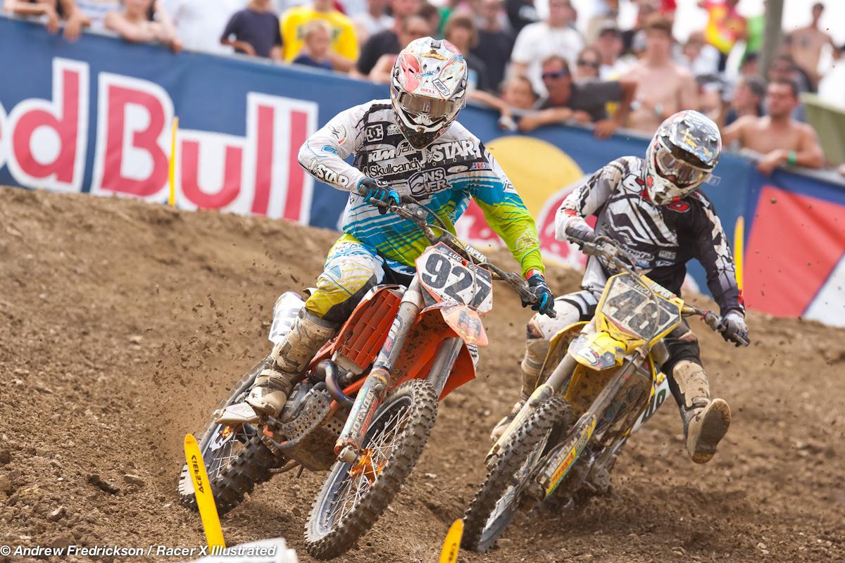 Larsen and Albertson battle for position.