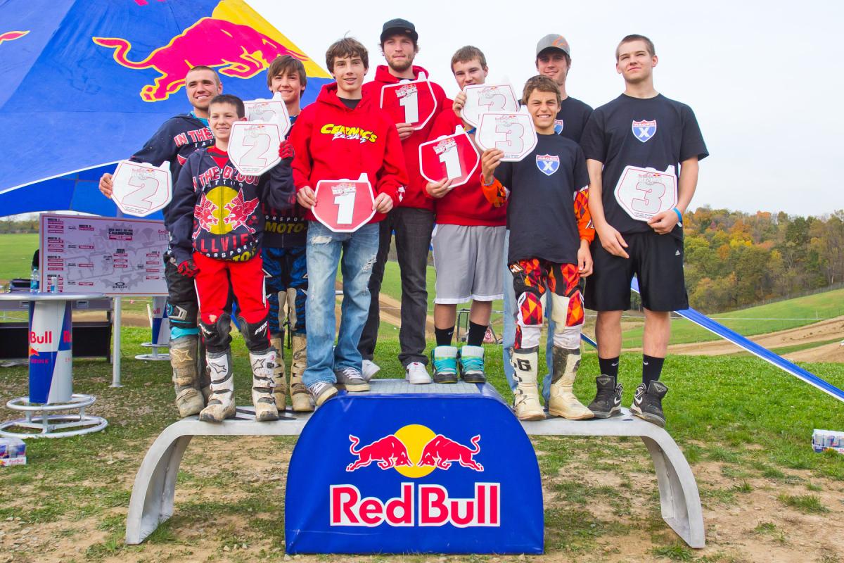 Podium, Cernics Johnstown on top, In The Blood Tattoo/Hillview Motorsports, then Racer X