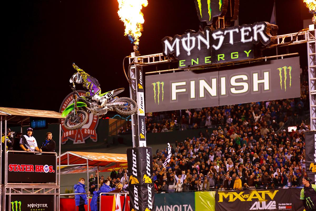 A year after a brutal crash in St. Louis SX, Ryan Villopoto returned with force in 2011 to take the opening round win. (Cudby photo)