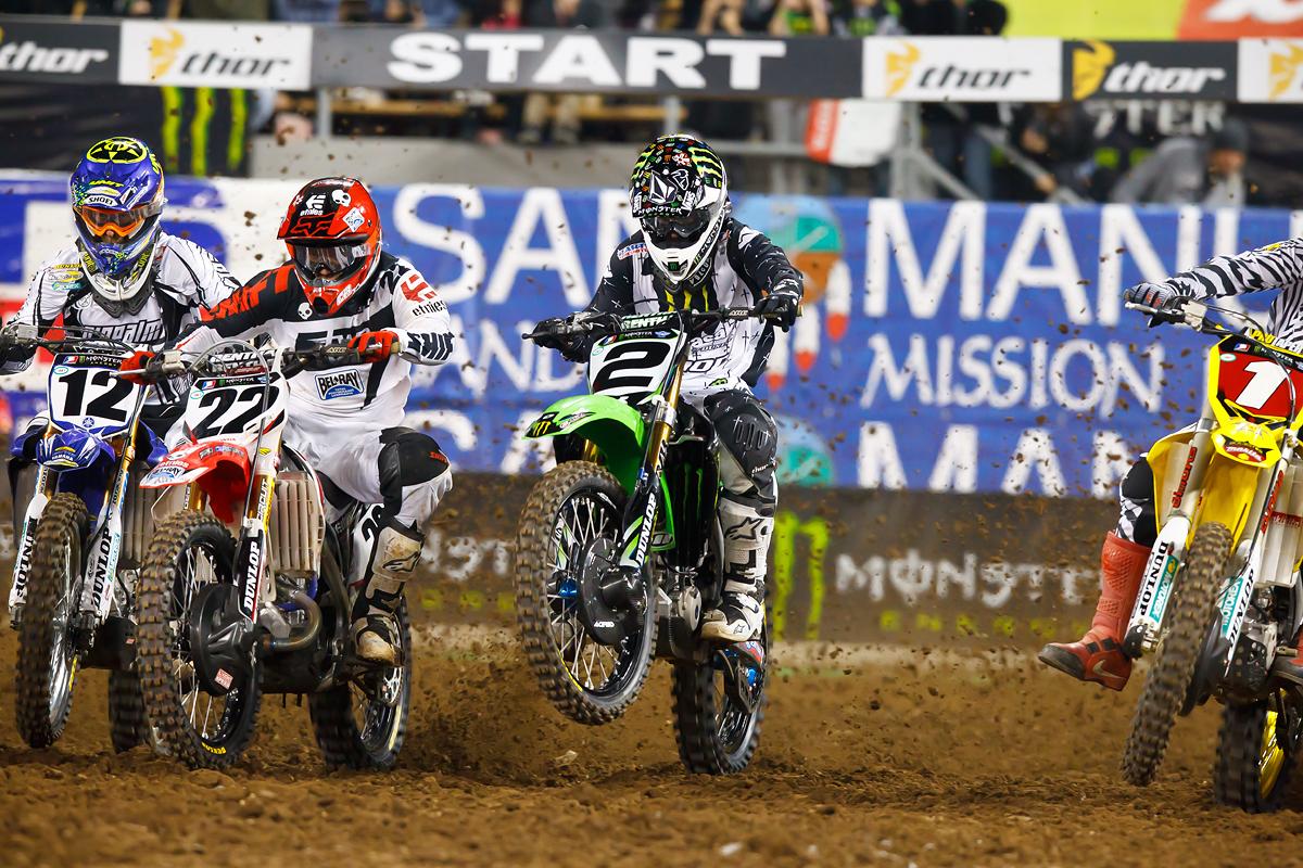 At the first-ever Dodger's Stadium Supercross, RV won an intense battle with Stewart and Ryan Dungey to take his second win of the season. (Cudby photo)