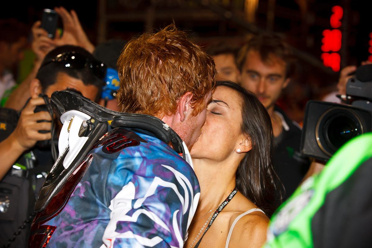 Villopoto celebrates his first-career 450SX title with his fiancee' (now wife) Kristen. (Cudby photo)
