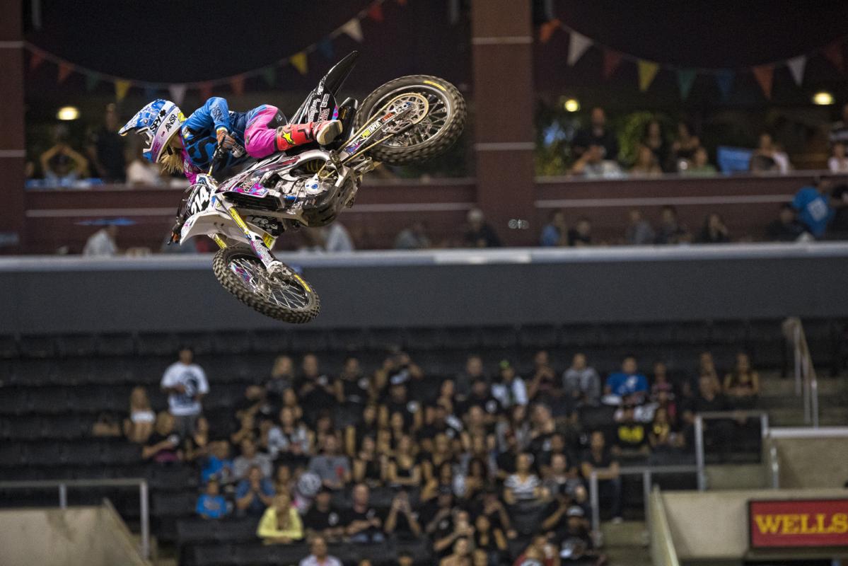 Vicki Golden was the first-ever invited female moto athlete for Best Whip, and Golden definitely didn’t disappoint. Golden used her girl power to take home third place in the text voting. And yes, those are Metal Mulisha graphics and stickers that Vicki is running…