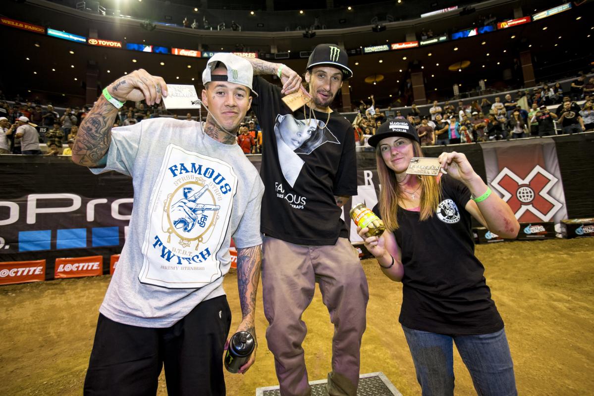 The Best Whip medalists hang their precious new hardware (from left: Jeremy Stenberg, Josh Hansen, and Vicki Golden)