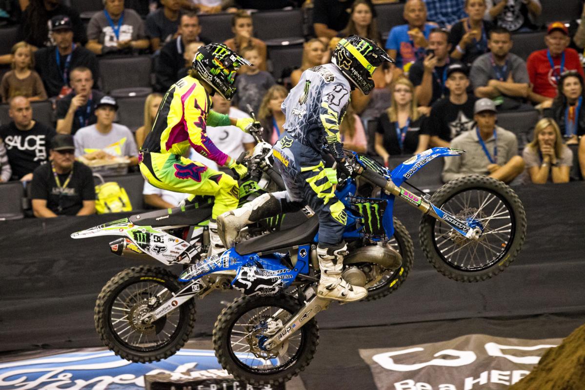 Edgar Torronteras (near) and Andre Villa started out with a great battle in their first race, but just after this section Torronteras lost his footpeg, rode side-saddle for a few feet, and ditched his bike, handing Villa the easy  win. 