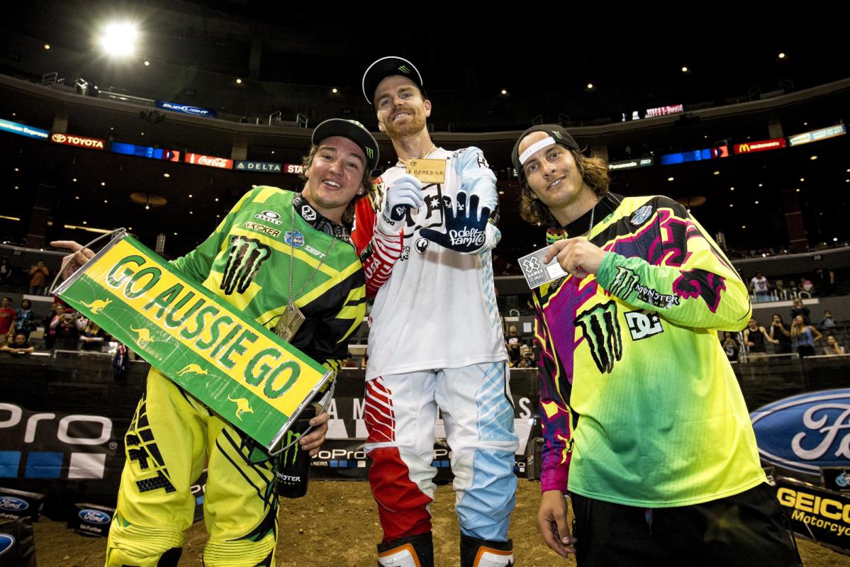 (L-R) Bilko, Adams, and Villa celebrate with their fresh and very precious medals following the podium ceremony. 
