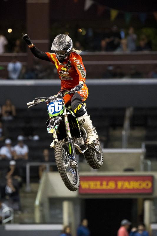 Australian rider Meghan Rutledge had the win in the bag until right after this one-handed celebration jump. Upon landing, Rutledge lost control of her Kawasaki, crashing one turn before the finish line and ultimately handing the lead over to Vicki Golden. 