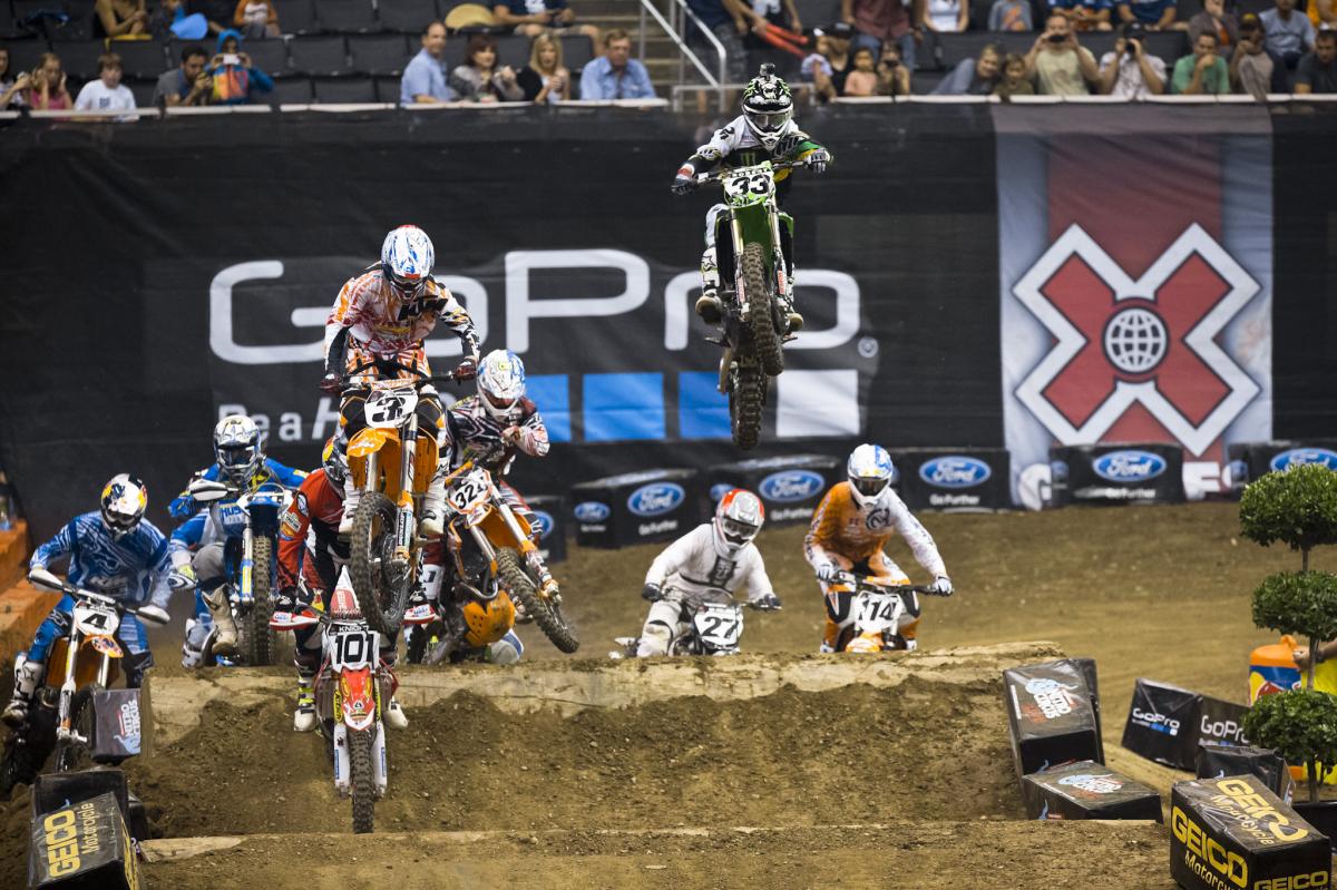 Mike Brown holeshots his qualifying heat, which he went on to easily win. Brown is amazingly fast in Enduro X, but what is more amazing than his speed is the fact that he competed in Moto X the night prior, scoring the Ironman award. 