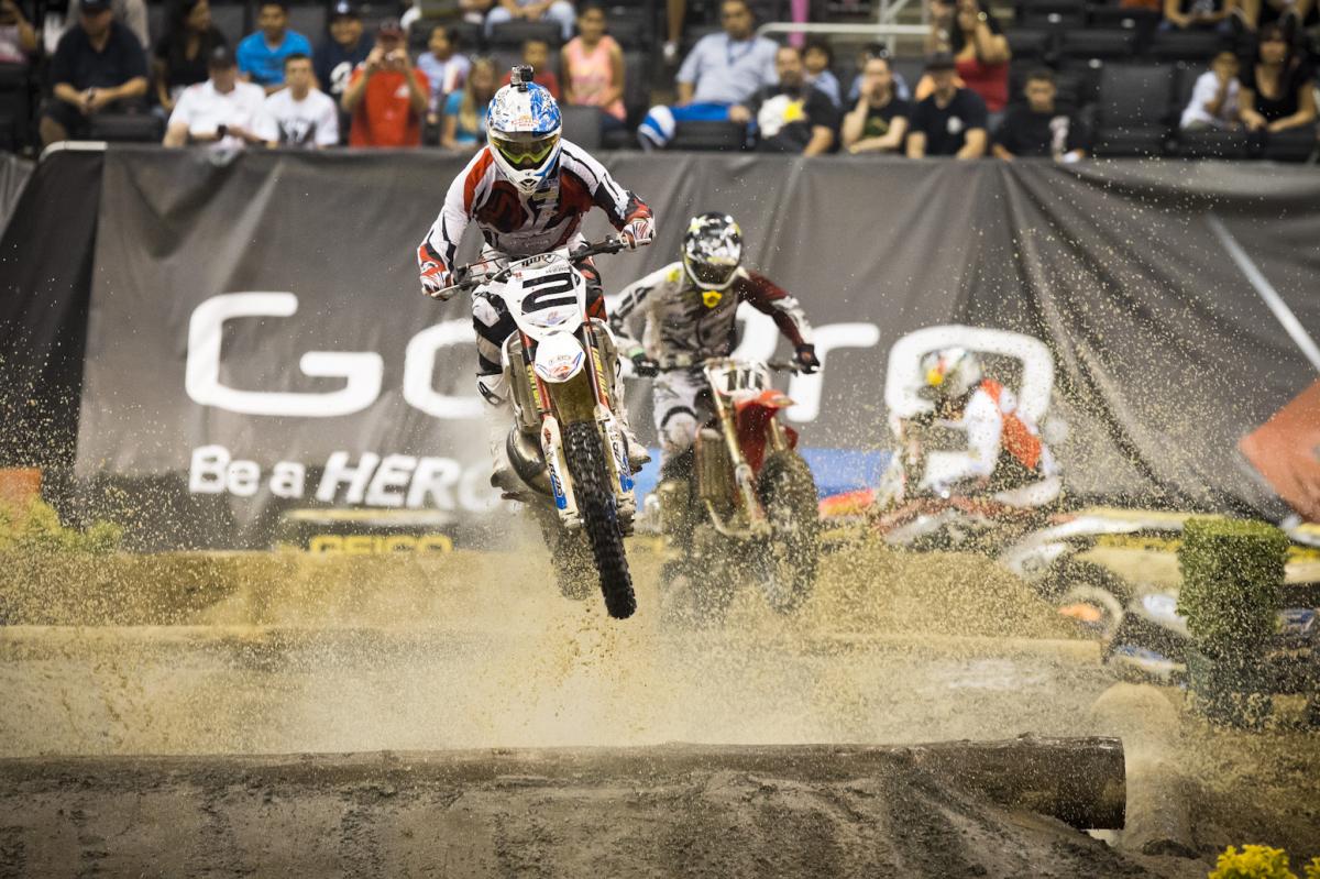 Cody Webb leads Colton Haaker and David Knight through one of the more treacherous sections on the course, the water pit, which left the riders’ tires wet and slick.
