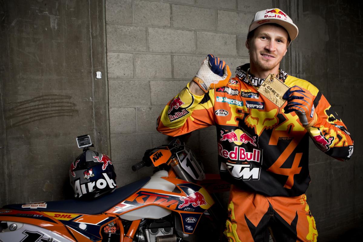 Taddy was ecstatic about taking home gold in the last-ever Los Angeles X Games. Just like he is doing in this portrait, Blazusiak definitely kept his KTM pinned!