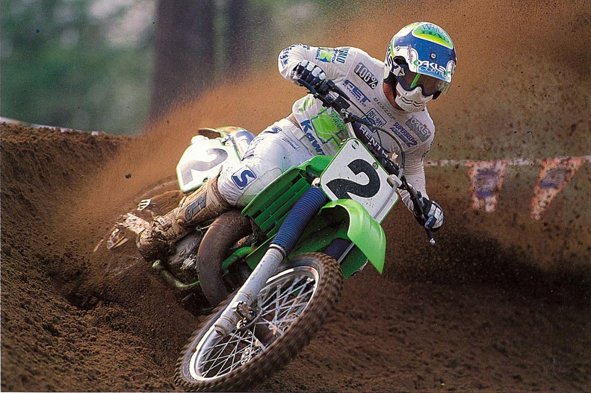 Jeff Ward blasts a sandy berm on a classic KX250.