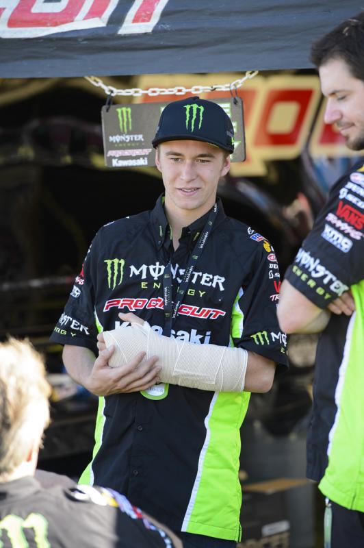 Riding one of the few 250s in the pro field, Blake Baggett crashed in practice and ended up on the sidelines. 