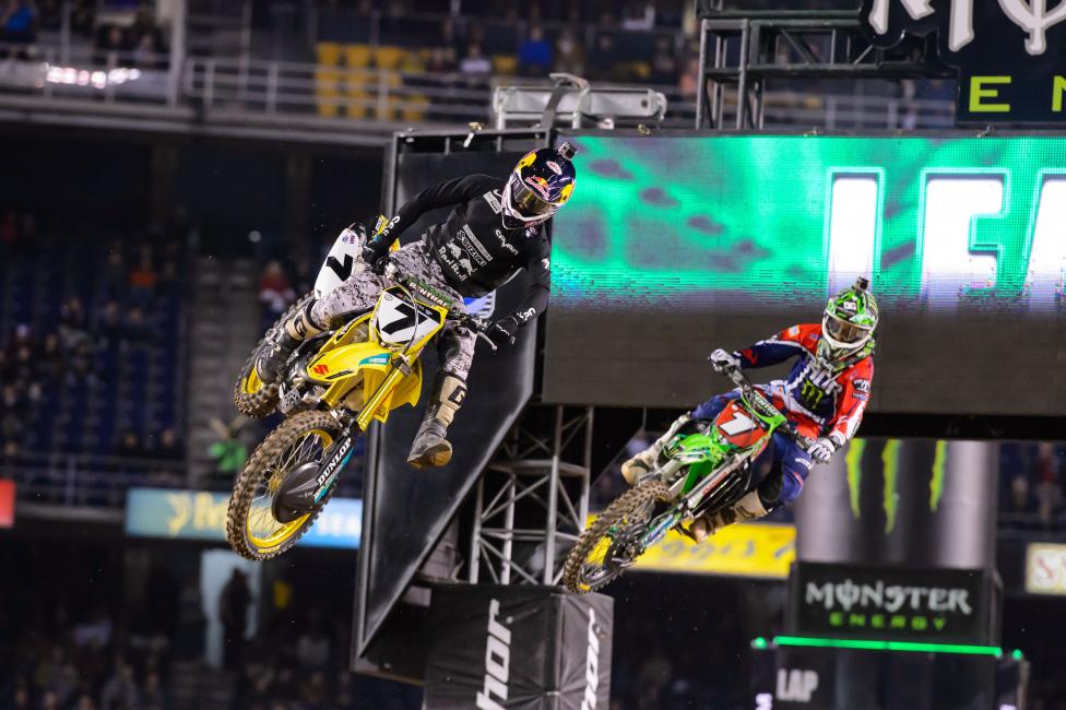James Stewart (7) held off Ryan Villopoto to claim his first win of 2014. 
