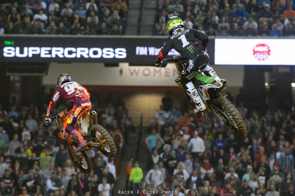 Villopoto held the lead until he lost traction exiting the corner before the triple and was forced to double. Roczen passed Villopoto in the air and went on to win the race. Villopoto kept him honest, but was never able to make a move. Dungey finished behind Villopoto in third.