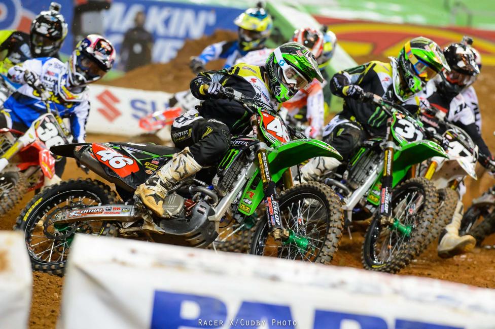 After coming from the LCQ, Adam Cianciarulo pulled the 250SX main event holeshot from the far outside. He led for a few lanes before making a mistake in the second rhythm section, turning over the lead to his Monster Energy/Pro Circuit Kawasaki teammate Martin Davalos.