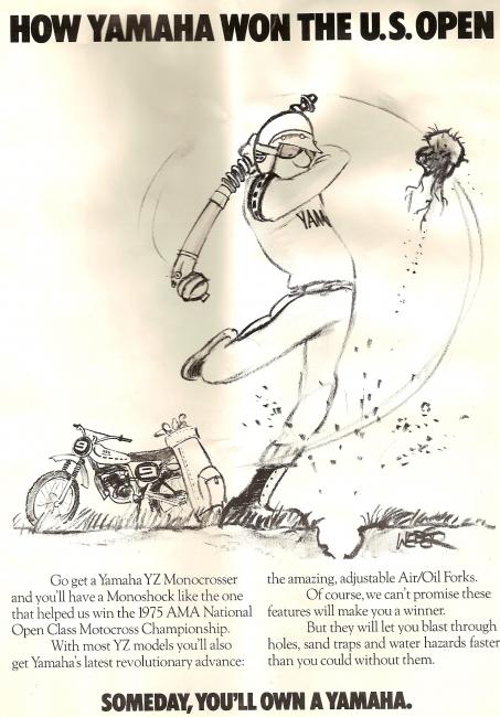 The U.S. Open in this case stood for the Open Class, not the golf championship. The character is using Yamaha's actual Monoshock as a golf club.    