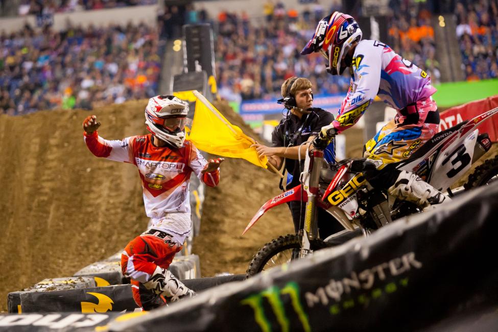 With Ryan Dungey walking away with his first win, Eli Tomac and Mike Alessi were left to battle for second. And for a while, it looked like Alessi was going to hold on for his first podium since 2009 until he cross rutted on the tough rhythm section before the triple and left second for Tomac.