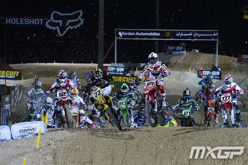 Xavier Boog (121) started the year right with a holeshot over Kevin Strijbos (22). But Max Nagl (12) snagged the opening moto victory.
