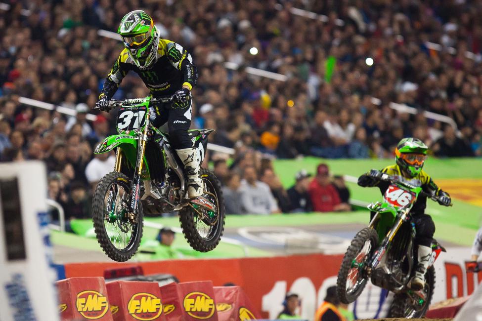 Following a big crash in practice, Martin Davalos would rebound to win his heat race and control the early lead over teammate Adam Cianciarulo.
