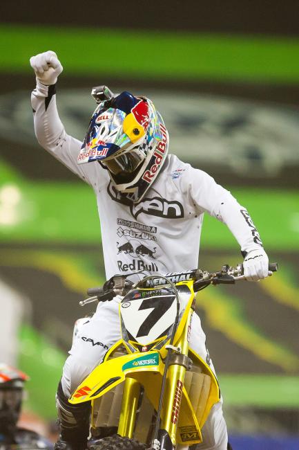 Stewart joins Ricky Carmichael for second on the all-time supercross wins list with 48 career wins.

