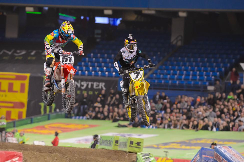 James Stewart (7) had to come through traffic to secure his fourth win of the season. 