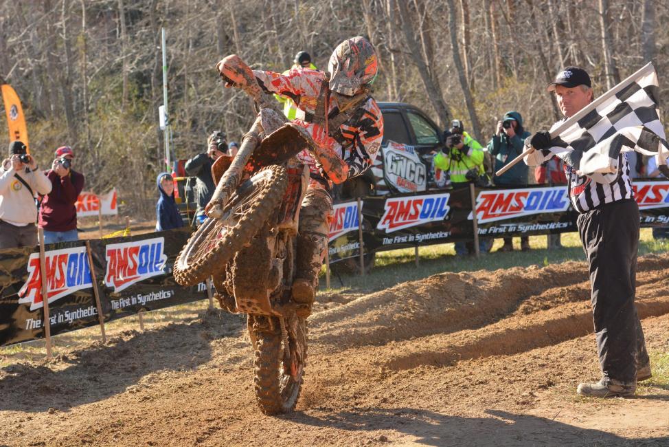 Kailub Russell celebrates his win in Morganton.