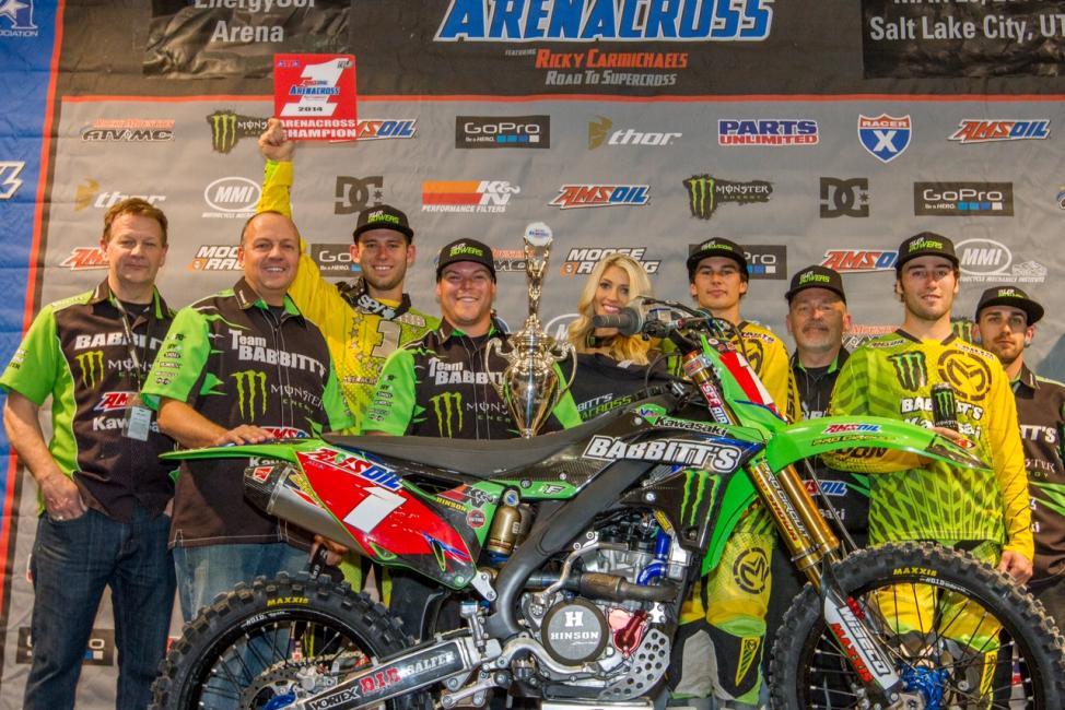 Bowers and the entire Babbitt’s Monster Energy Amsoil Kawasaki team celebrate the win.