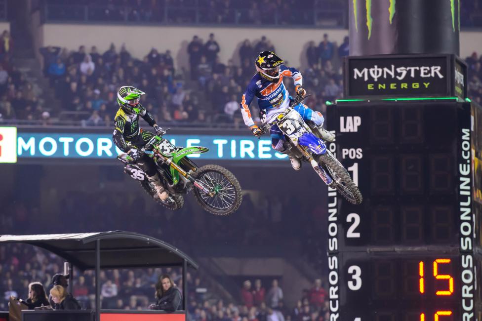 Justin Hill (35) is looking for his second straight win, while rookie Cooper Webb (37) is still searching for his first.  