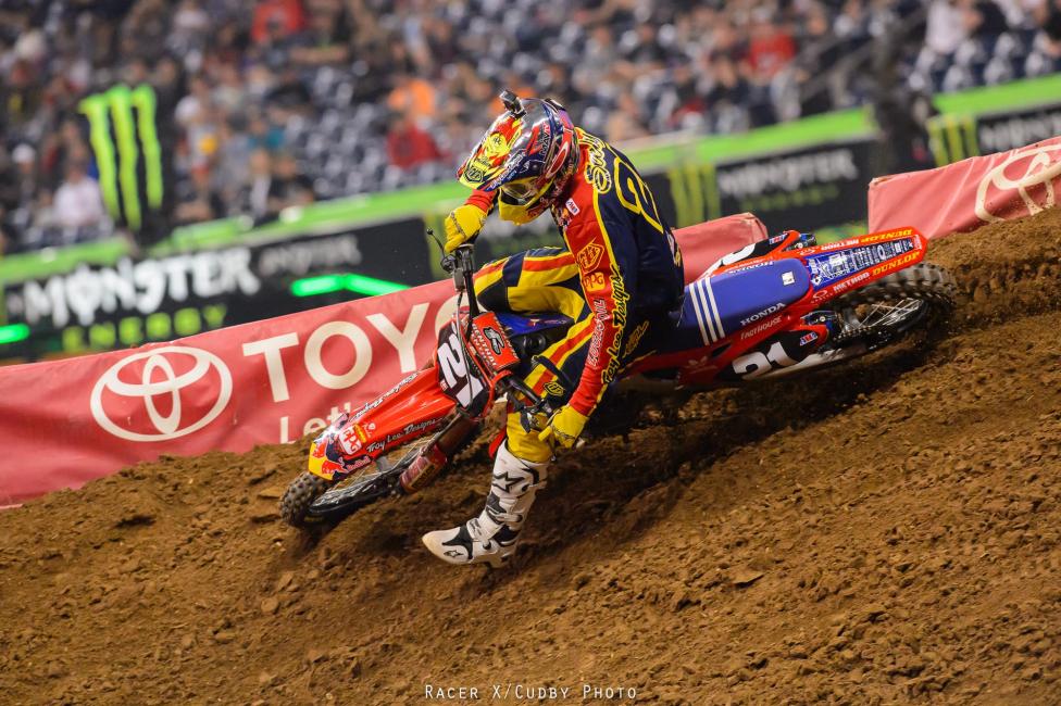 Bummer for title contender Cole Seely. He was buried off the start but made a bunch of slick moves on the first lap to move up. Somewhere through that, though, he tangled with a rider and broke something in his rear brake. That stalled his progress and he took fourth.