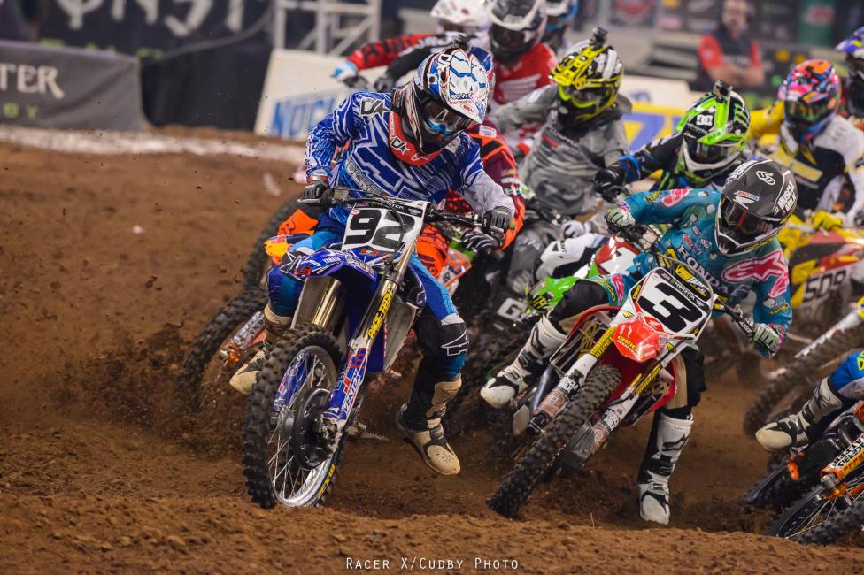 Eli Tomac battles Killy Rusk off the start. Eli was fast in spots but a main event crash hurt his results.