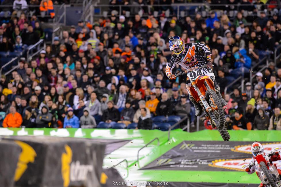 Roczen—who fell back to ninth earlier in the race—pulled up behind Short but was unable to find a line around the 450SX veteran. Roczen eventually passed Short, but not before Trey Canard made fairly quick work of both of the KTM riders for sixth.Photo: Cudby