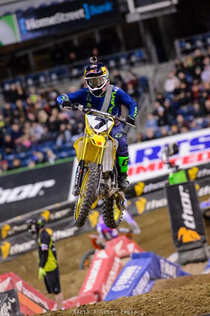 Stewart was closing the gap on Villopoto early in the race, but perpetual small mistakes from Stewart diminished any hopes of catching the three-time 450SX champ.Photo: Cudby