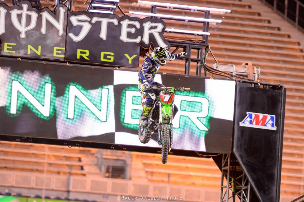 The Washington fans were on their feet during the last lap as Villopoto rode to his fifth main event win of the season. Stewart and Dungey rounded out the podium.Photo: Cudby