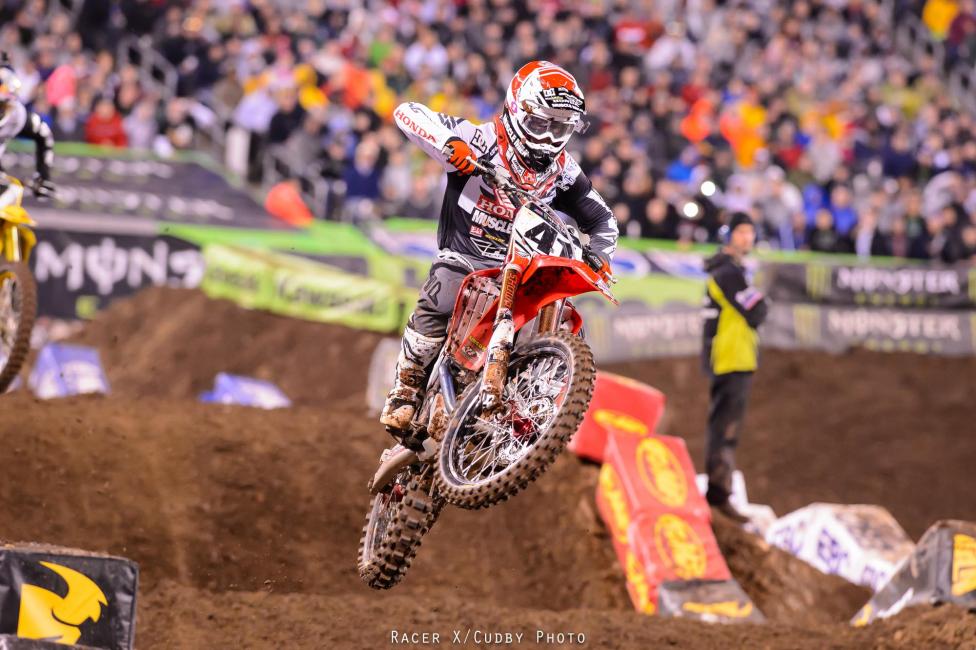 Trey Canard rode better than his 9th place result will tell you. He won his heat after a spectacular battle with James Stewart, but went down on lap one of the main event.