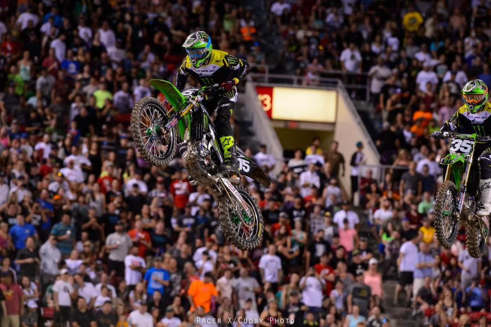 Wilson started making a run on his Monster Energy Pro Circuit Kawasaki. Webb slowed due to downed riders and yellow flags in a section, and that allowed Wilson to close right up. They then battled hard for several laps. 